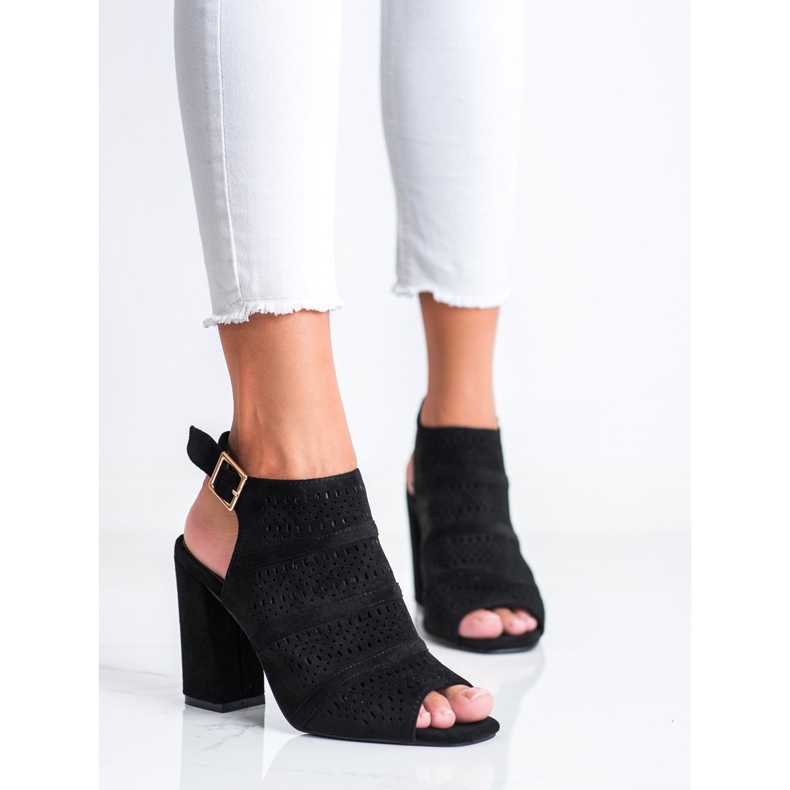 Renda Ażurowe Sandałki Na Słupku czarne 2
