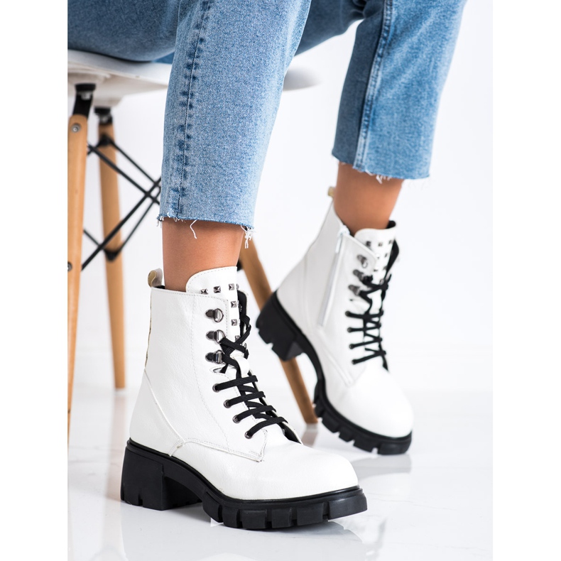 SHELOVET Modne Workery Z Ćwiekami białe 2