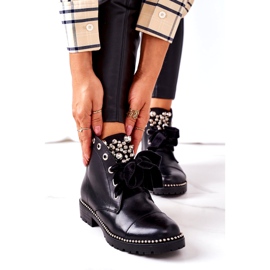 PS1 Ocieplane Botki Z Metalowymi Perełkami, Dżetami I Wstążką Czarne Perla 3