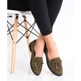 SHELOVET Zamszowe Mokasyny Z Kokardą brązowe zielone 2