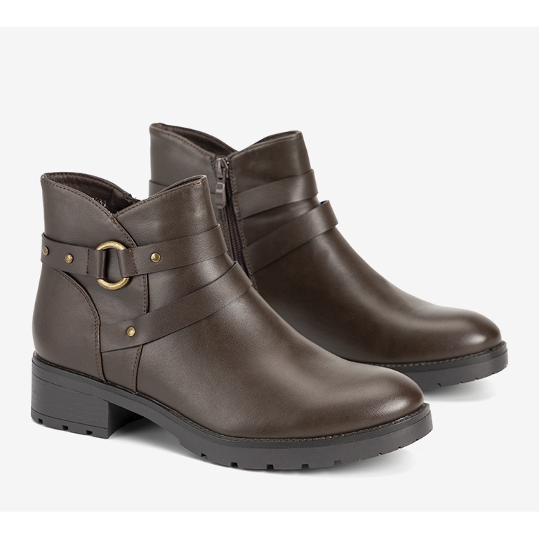 Brązowe gładkie botki płaskie z paskami Danisa 1