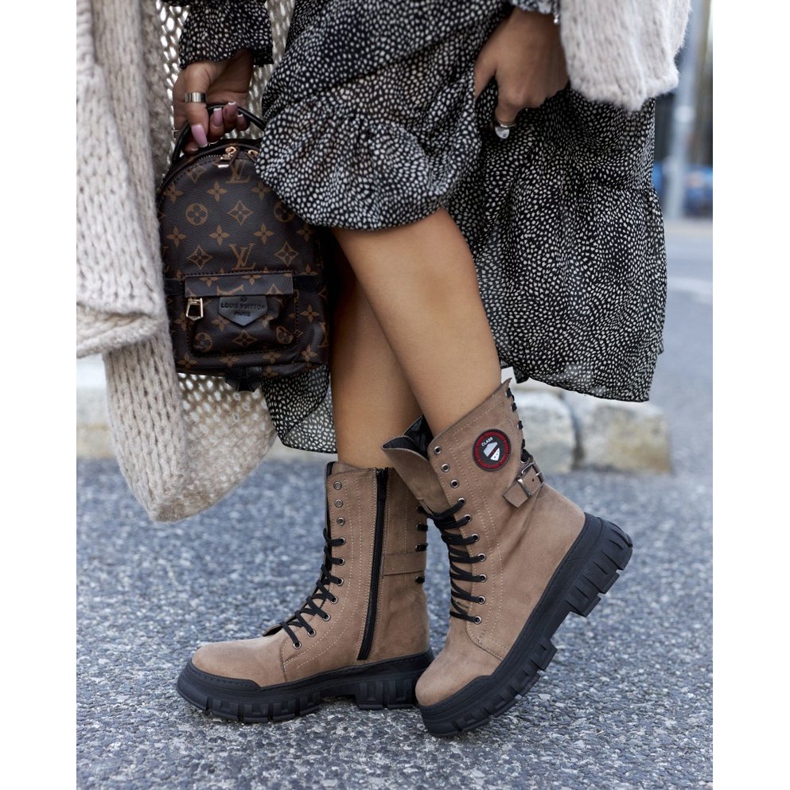 NAVY DOT Damskie Botki Trapery Workery Brązowe Monope 2