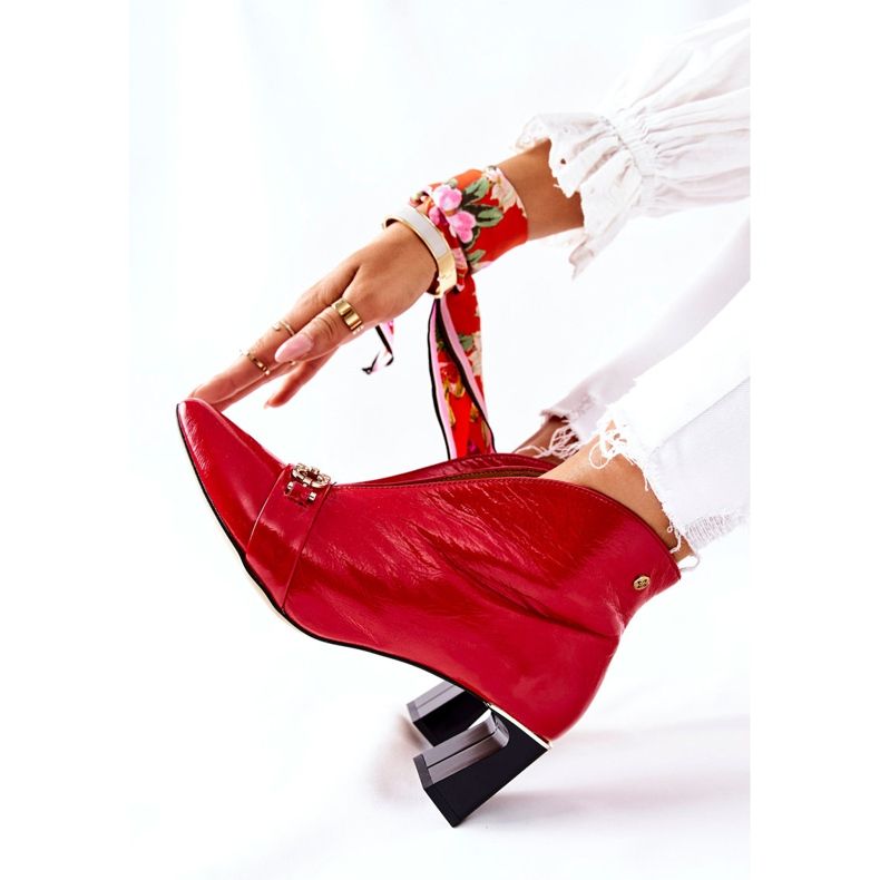 Skórzane Botki Na Słupku Maciejka Czerwone 05262-08 2