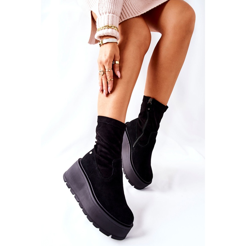 Zamszowe Botki Na Platformie Maciejka Czarne 05319-01 2