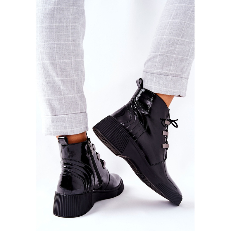 S.Barski Botki Workery Lakierowane Na Suwak Czarne Vica 2