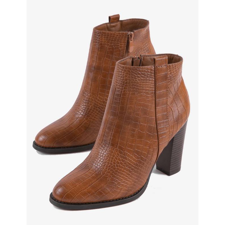 Camelowe botki na słupku krokodyli wzór Remini brązowe 2