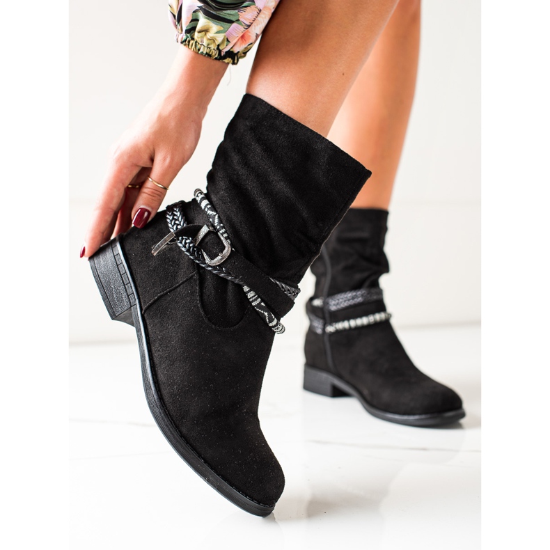 Anesia Paris Zamszowe Botki Z Ozdobnymi Paskami czarne 2
