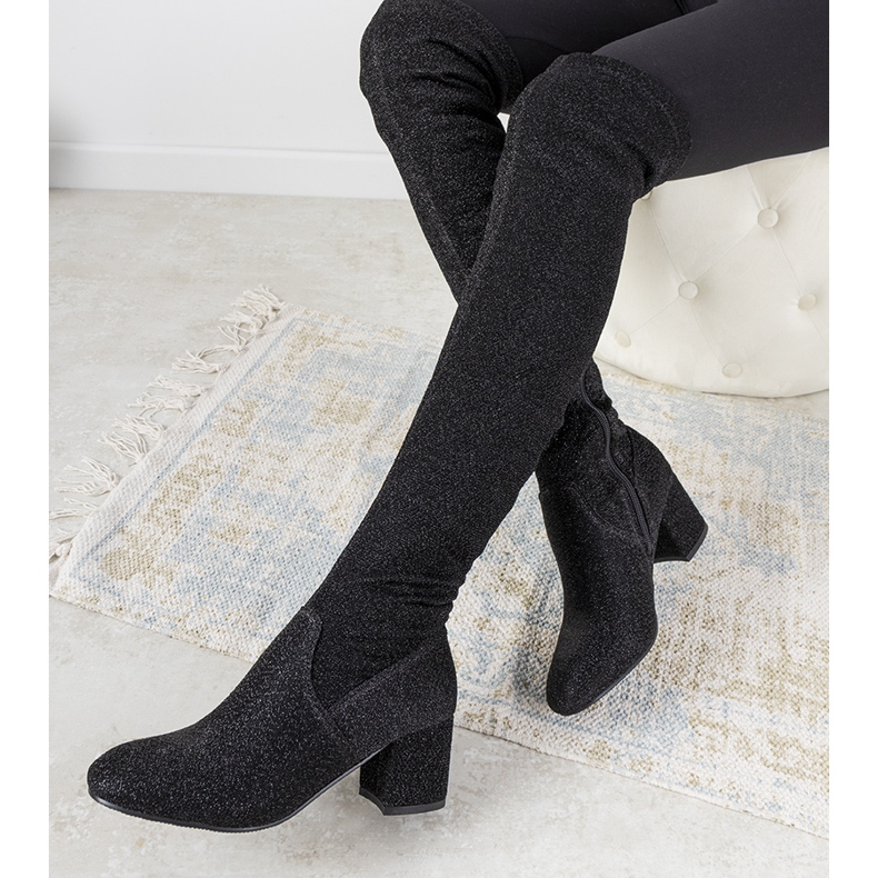 Czarne błyszczące kozaki za kolano Uta srebrny 1