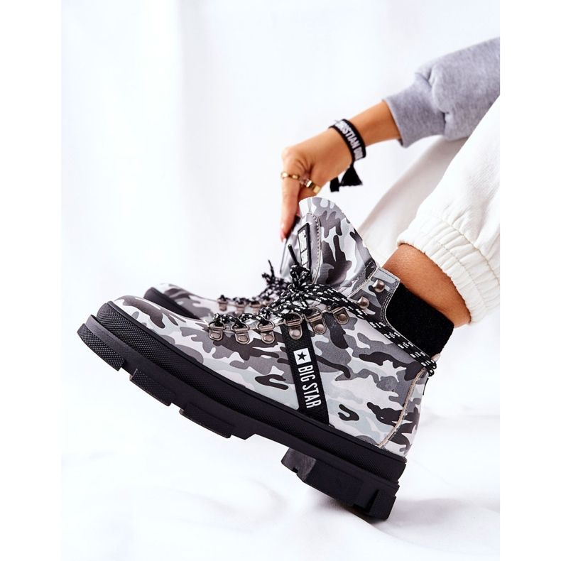 Skórzane Trapery Botki Big Star II274368 Moro Czarne białe 2