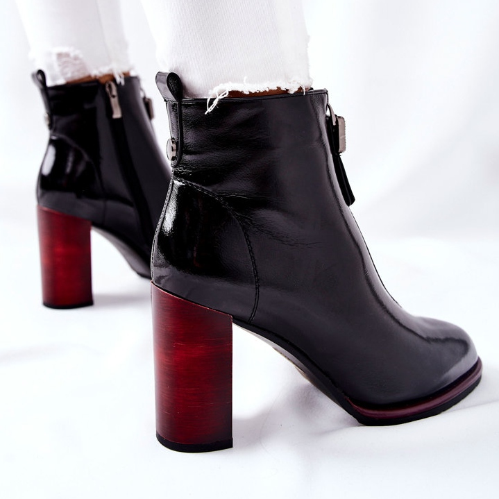 S.Barski Damskie Botki Czarne Lakierowane na Słupku Cofton 1