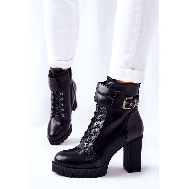 POTOCKI Botki Na Wysokim Słupku Czarne Wiązane Fasha 1