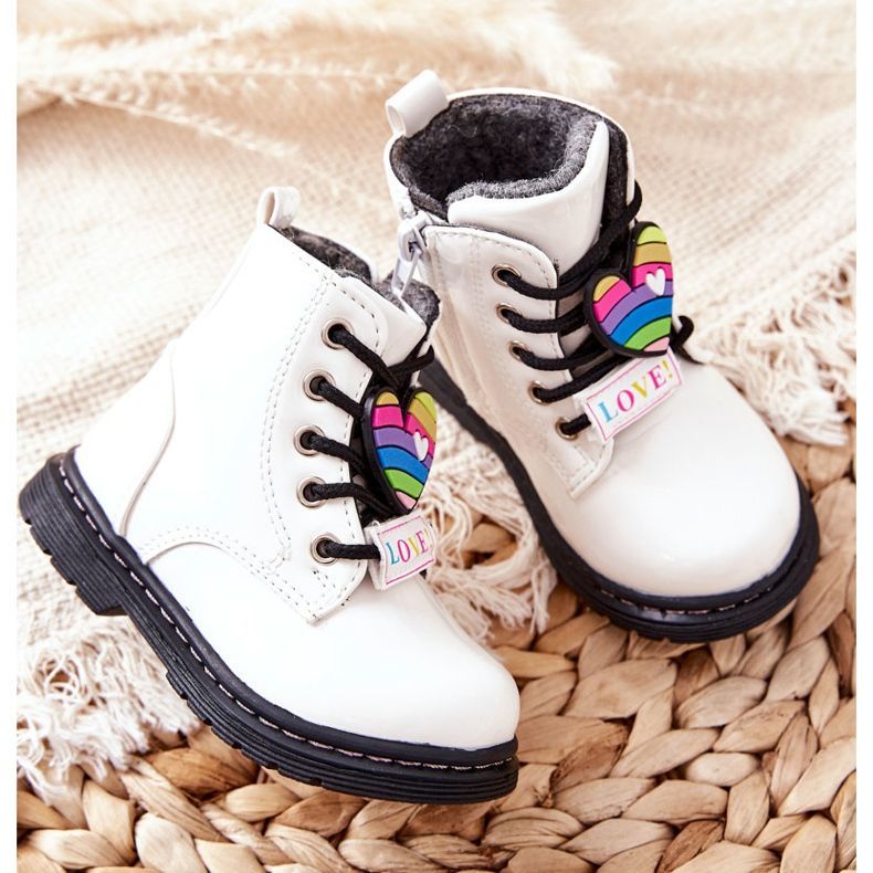 PE1 Lakierowane Botki Ocieplane Wełną Białe Anlon 1