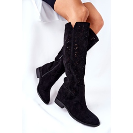 PG1 Ażurowe Kozaki Na Ukrytym Koturnie Czarne Lara 1