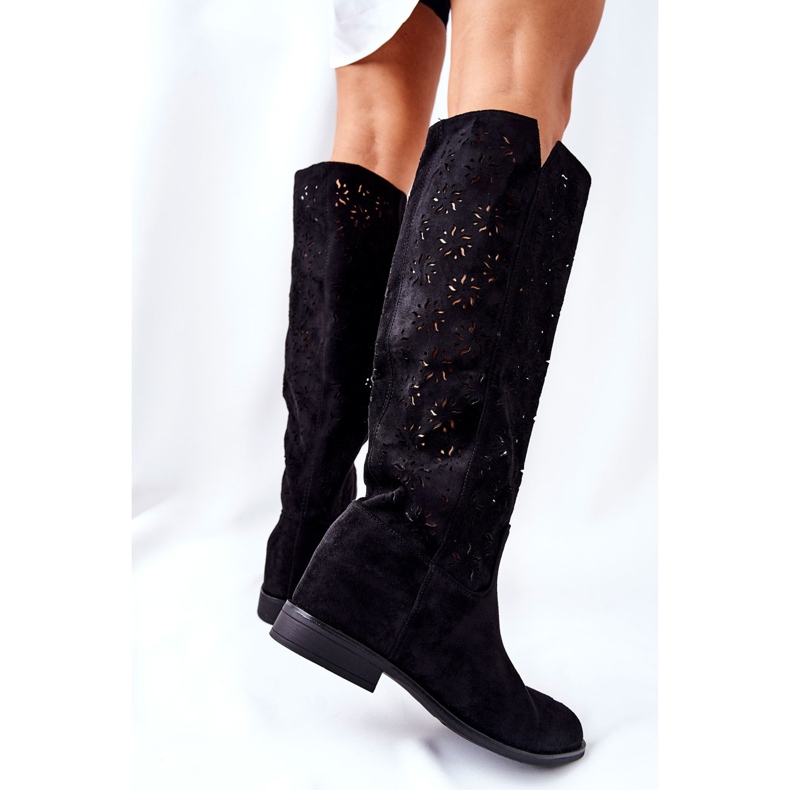 PG1 Ażurowe Kozaki Na Ukrytym Koturnie Czarne Lara 2