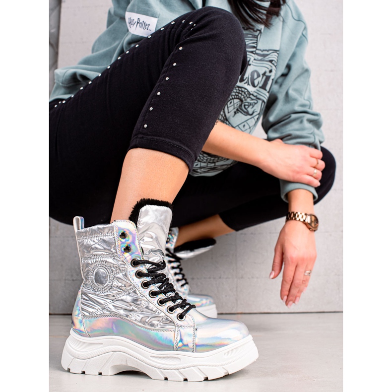 Srebrne Botki Na Platformie VINCEZA srebrny 2