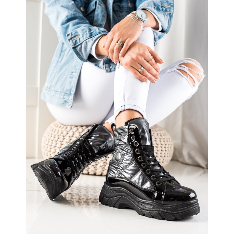 TRENDI Pikowane Traperki Fashion czarne srebrny 1