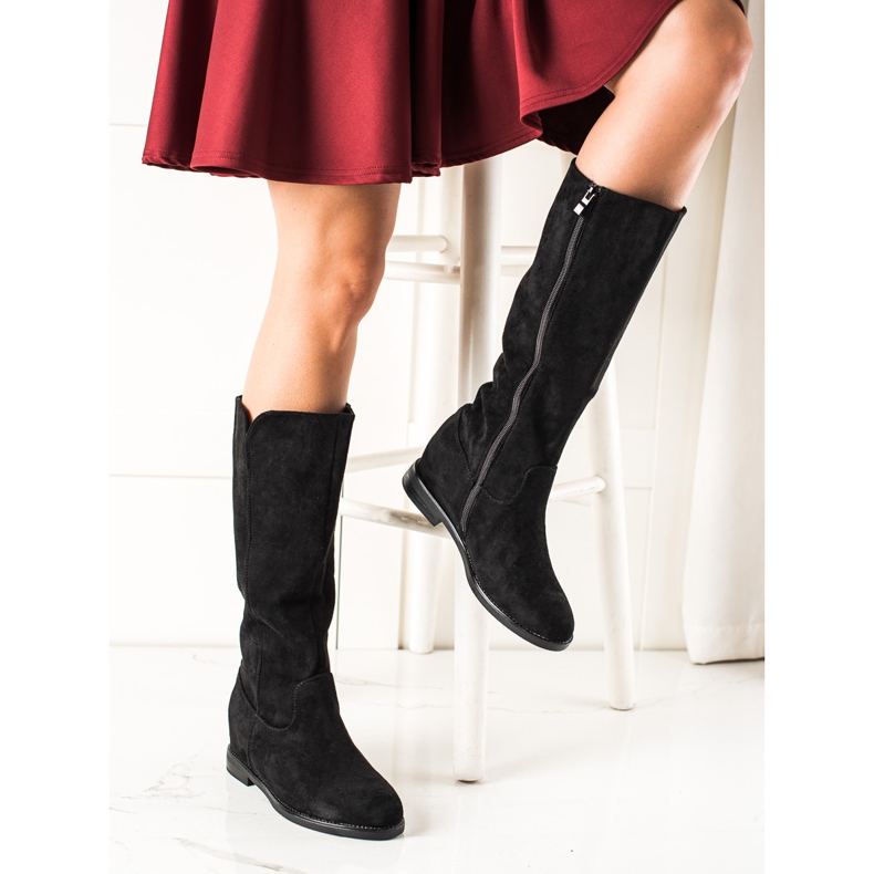 Renda Czarne Zamszowe Kozaki Na Koturnie 2