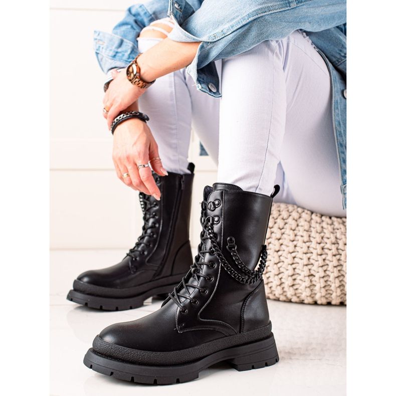 Bona Ocieplane Workery Z Łańcuszkiem czarne 1