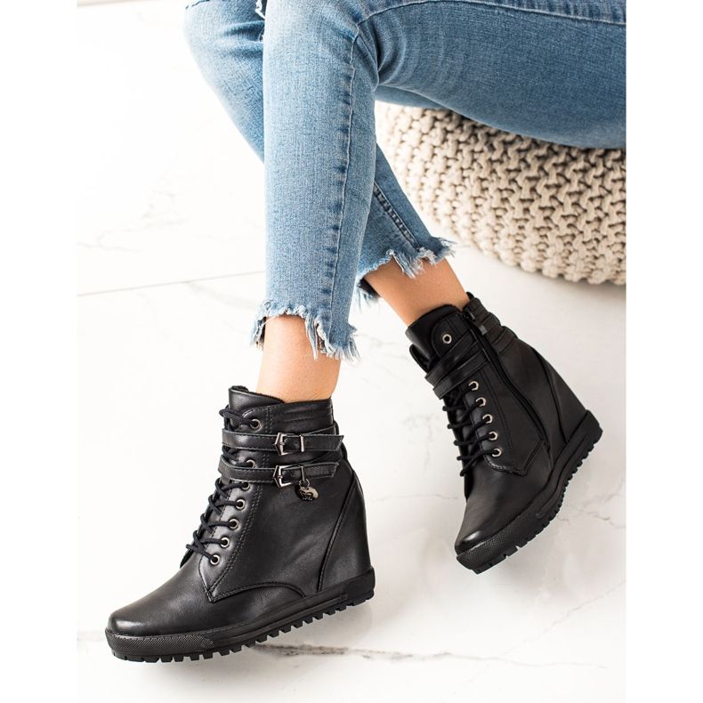 Goodin Sznurowane Botki Na Koturnie czarne 2