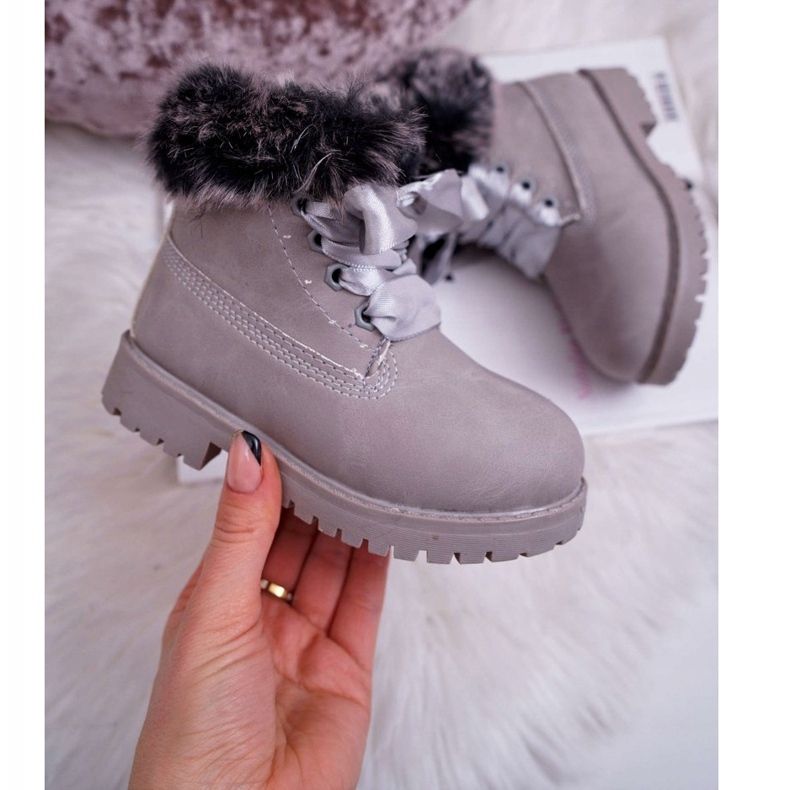 FRROCK Dziecięce Botki Ocieplane Futerkiem Trapery Szare Tesoro 2