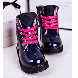 Dziecięce Botki Ocieplone Futerkiem Lakierowane Granatowe Pinkie 3