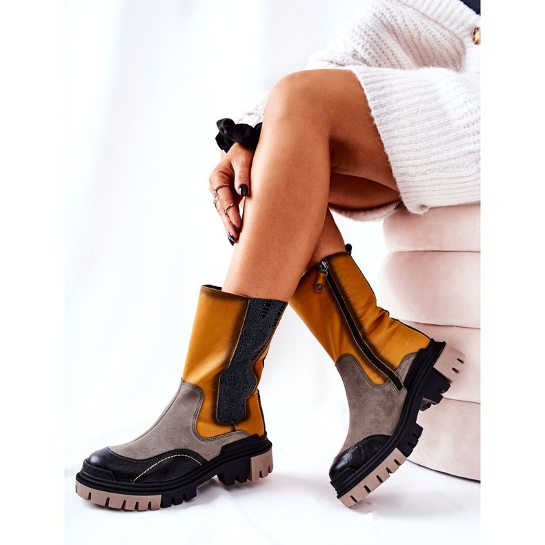 Wysokie Skórzane Botki Maciejka Żółto-Szare 05141-07 beżowy czarne złoty 1