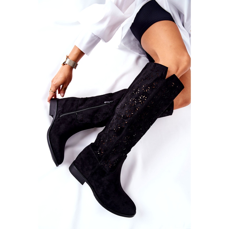 PG1 Ażurowe Kozaki Na Ukrytym Koturnie Czarne Lara czerwone 4