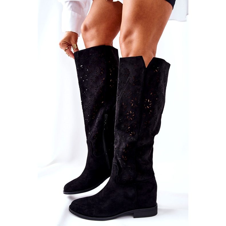 PG1 Ażurowe Kozaki Na Ukrytym Koturnie Czarne Lara czerwone 5