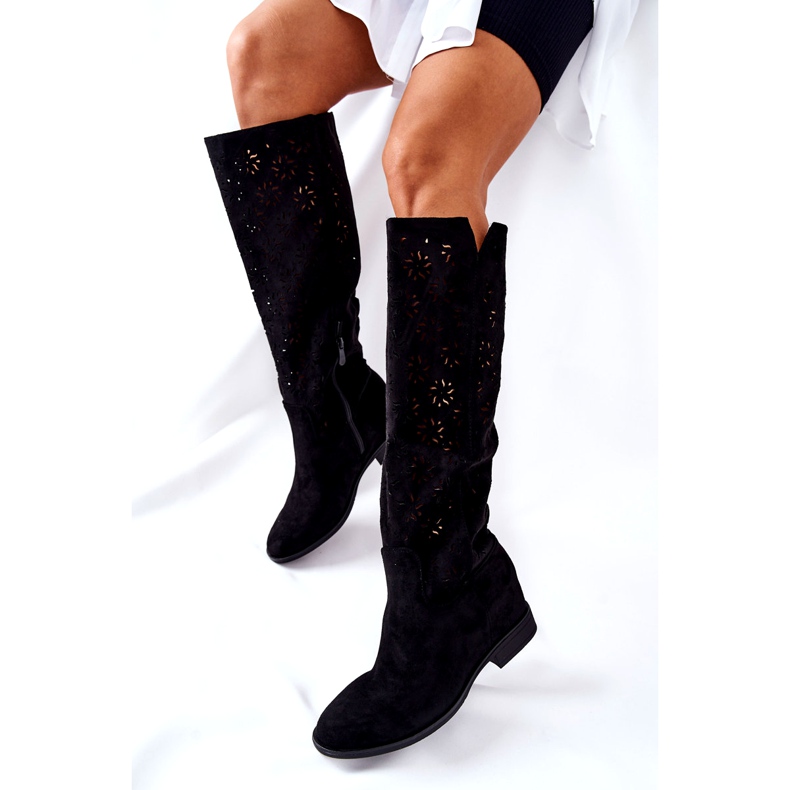 PG1 Ażurowe Kozaki Na Ukrytym Koturnie Czarne Lara czerwone 6