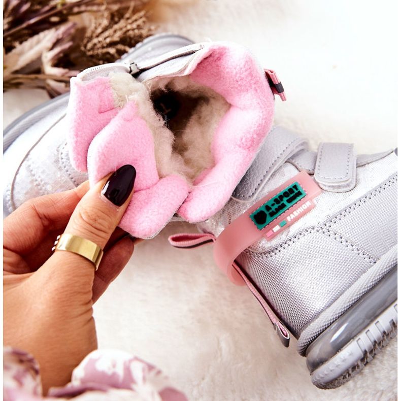 PJ2 Ocieplane Śniegowce Botki Na Suwak Srebrne Hesiera różowe 1