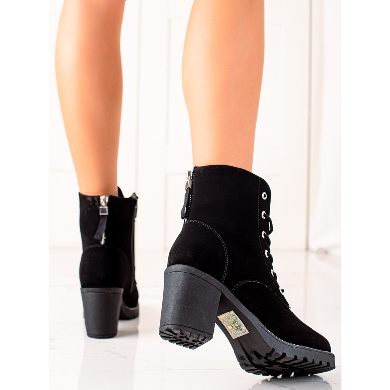 TRENDI Sznurowane Workery Na Słupku czarne 1