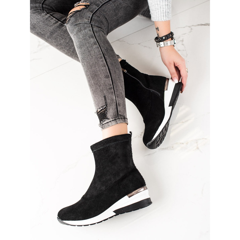 Goodin Skórzane Botki Na Koturnie czarne 1