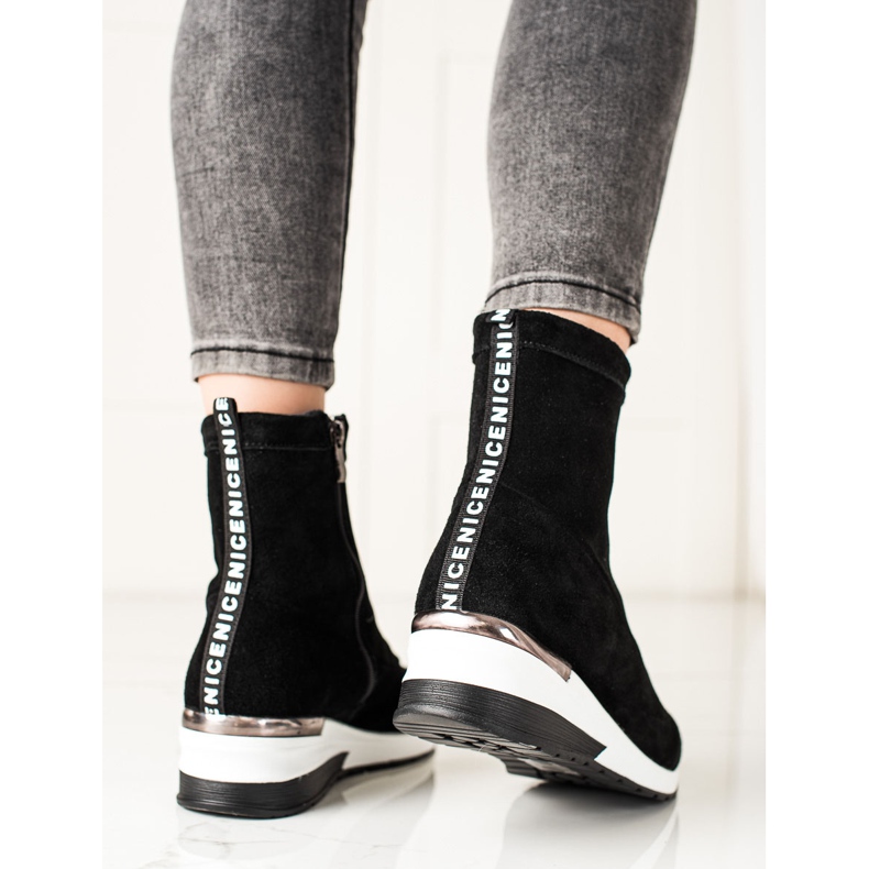 Goodin Skórzane Botki Na Koturnie czarne 2