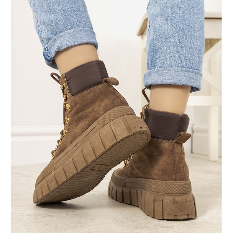 Brązowe ocieplane traperki damskie sznurowane Calabresi 1