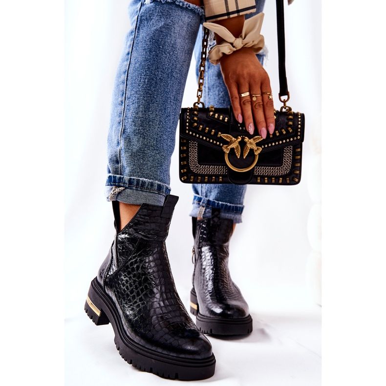 PA2 Skórzane Botki Ocieplane Krokodyl Czarne Tanya 1