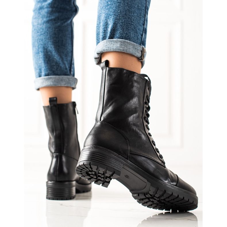 Laura Mode Sznurowane Botki Z Eko Skóry czarne 1