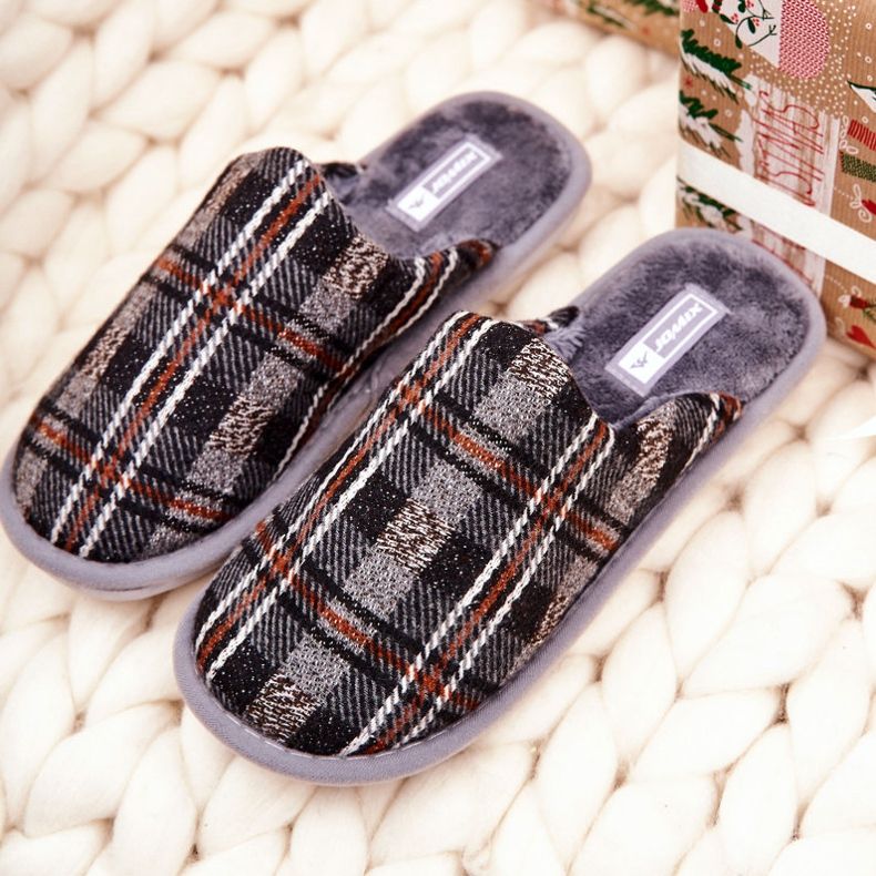 WJ1 Ocieplane Papcie Męskie Kratka Szare Whisper brązowe 2