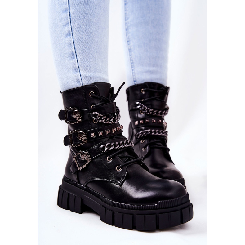 WS1 Botki Wiązane Łańcuch Sprzączka Czarne Reiloy 1