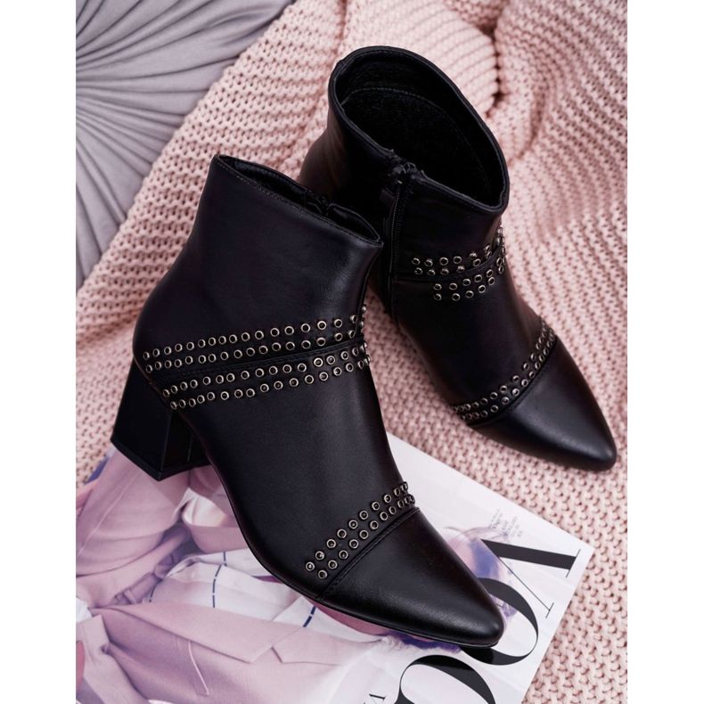 PS1 Damskie Botki Na Słupku W Szpic Z Nitami Czarne Primma 5