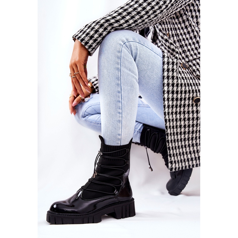 PL4 Lakierowane Botki Workery Ze Skarpetą Czarne Connor 1