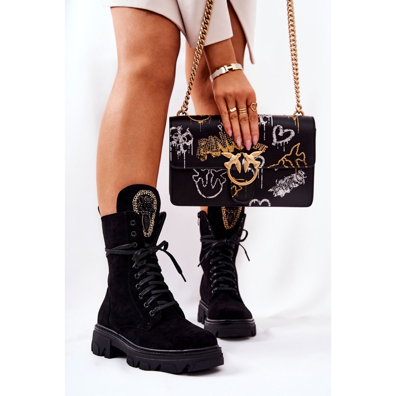 PL4 Zamszowe Botki Ze Zdobieniem Czarne Elaina 2