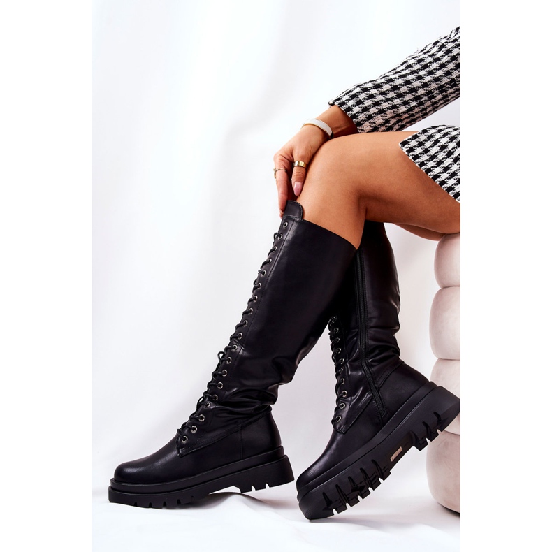 PG2 Wysokie Ocieplane Wiązane Kozaki Czarne Kannies 1