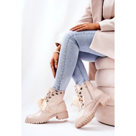 PL4 Lakierowane Ocieplane Workery Z Perełkami Beżowe Perla beżowy 1