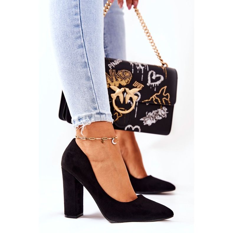 WS1 Zamszowe Czółenka Na Słupku Czarne Valoris 2