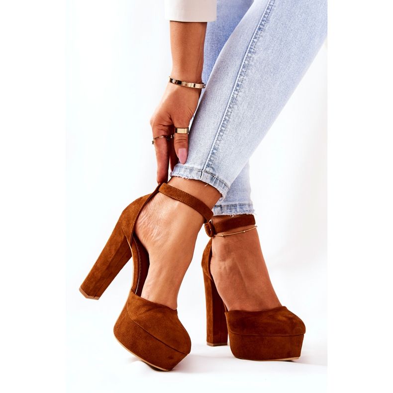 WS1 Czółenka Na Słupku Platformie Zamszowe Camel Netel brązowe 2