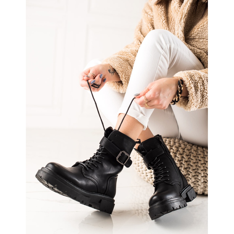 Super Mode Sznurowane Botki Ze Sprzączką czarne 1