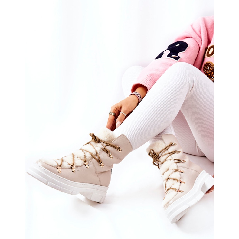 Ocieplane Skórzane Botki Trapery Jasnobeżowe Nerisso beżowy 1