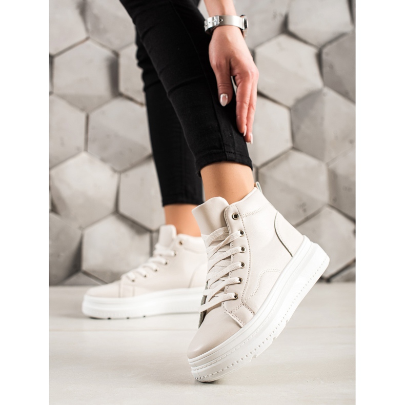 Renda Wysokie Trampki Z Eko Skóry beżowy 2