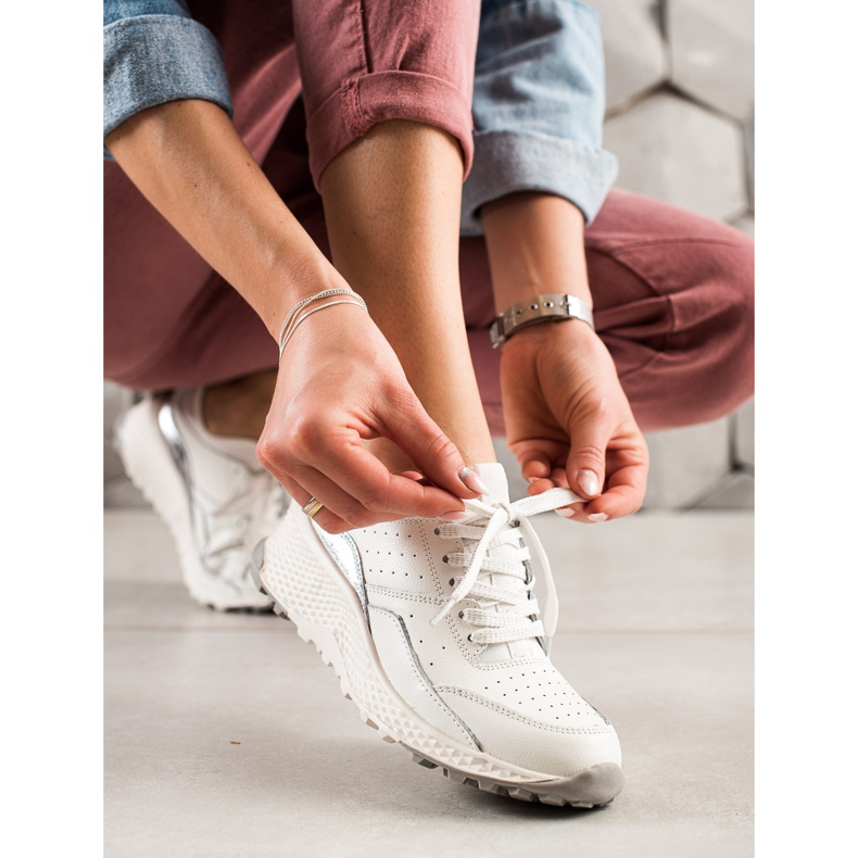 Goodin Stylowe Sneakersy Ze Skóry białe srebrny 1