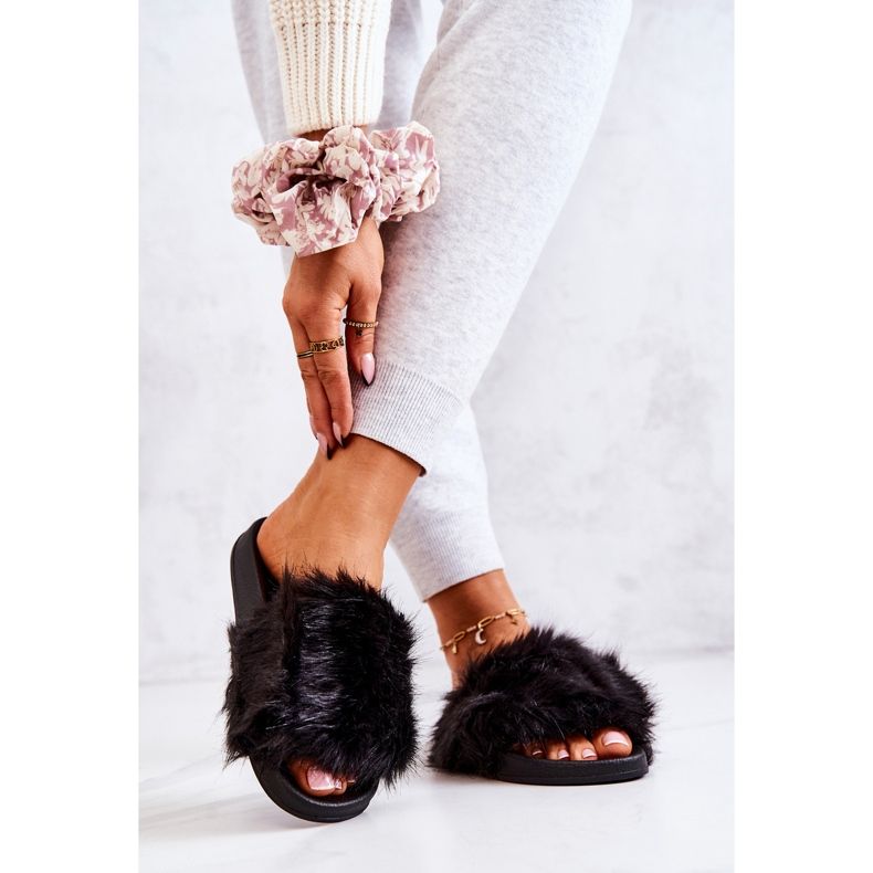Klapki Z Futerkiem Gumowe Czarne Pollie 2